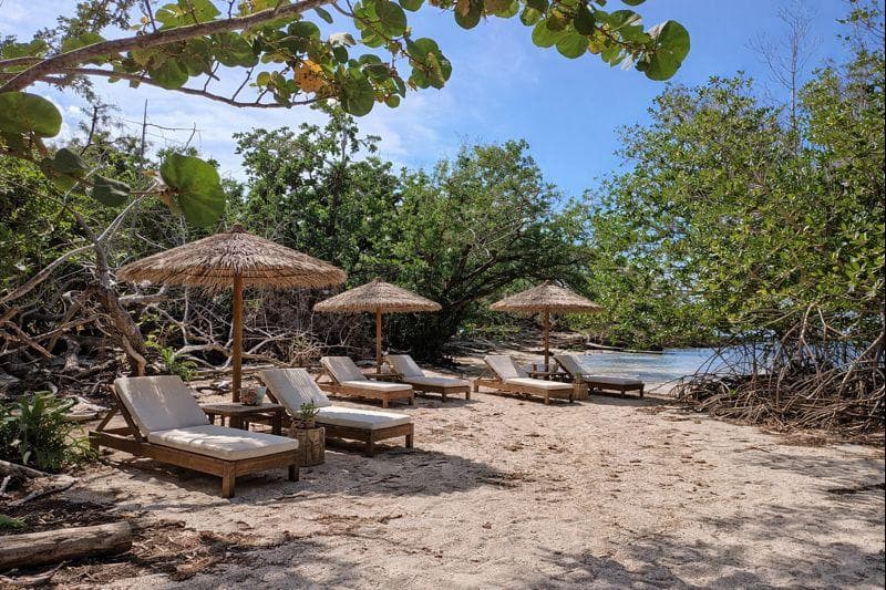 Private beach with thatched umbrellas and luxury loungers
